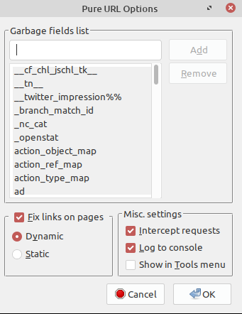 Pure URL options dialog